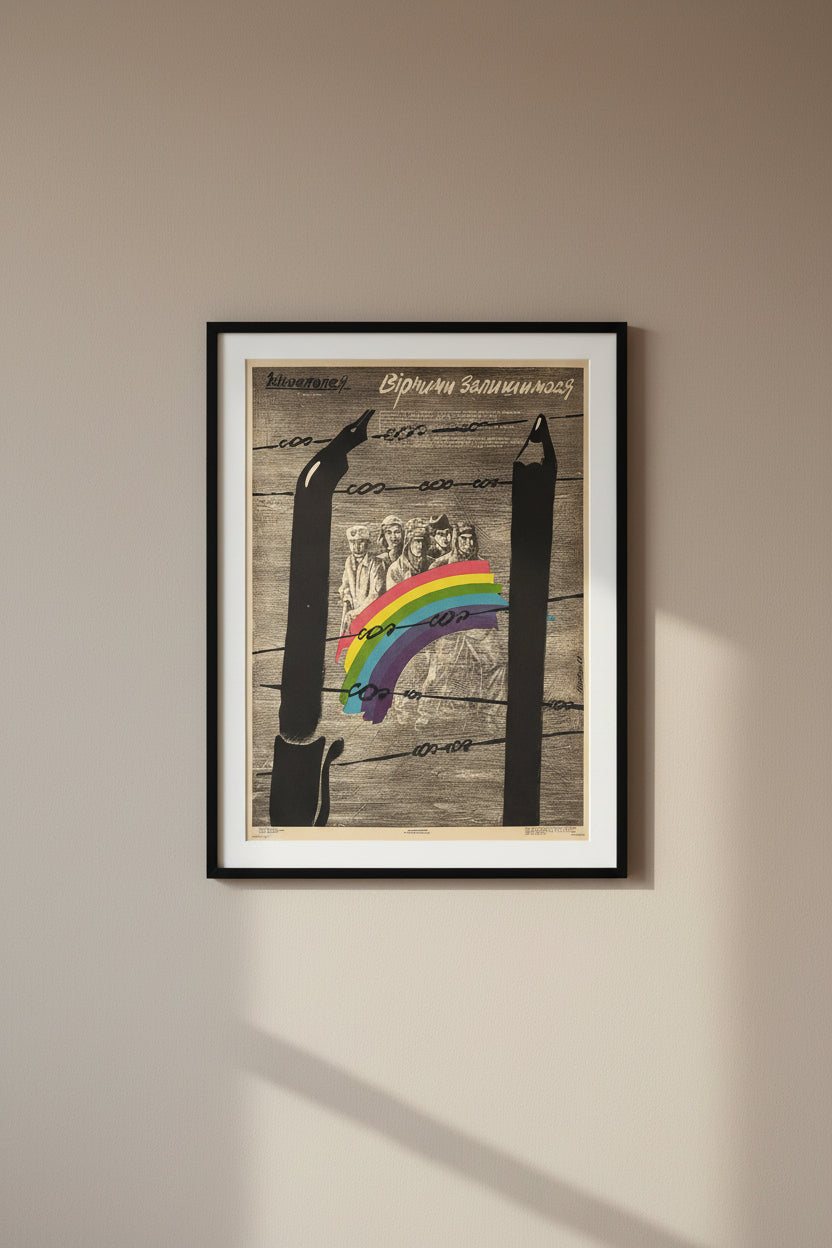 Collage with barbed wire, pencils, and a rainbow over a black and white photo of people.