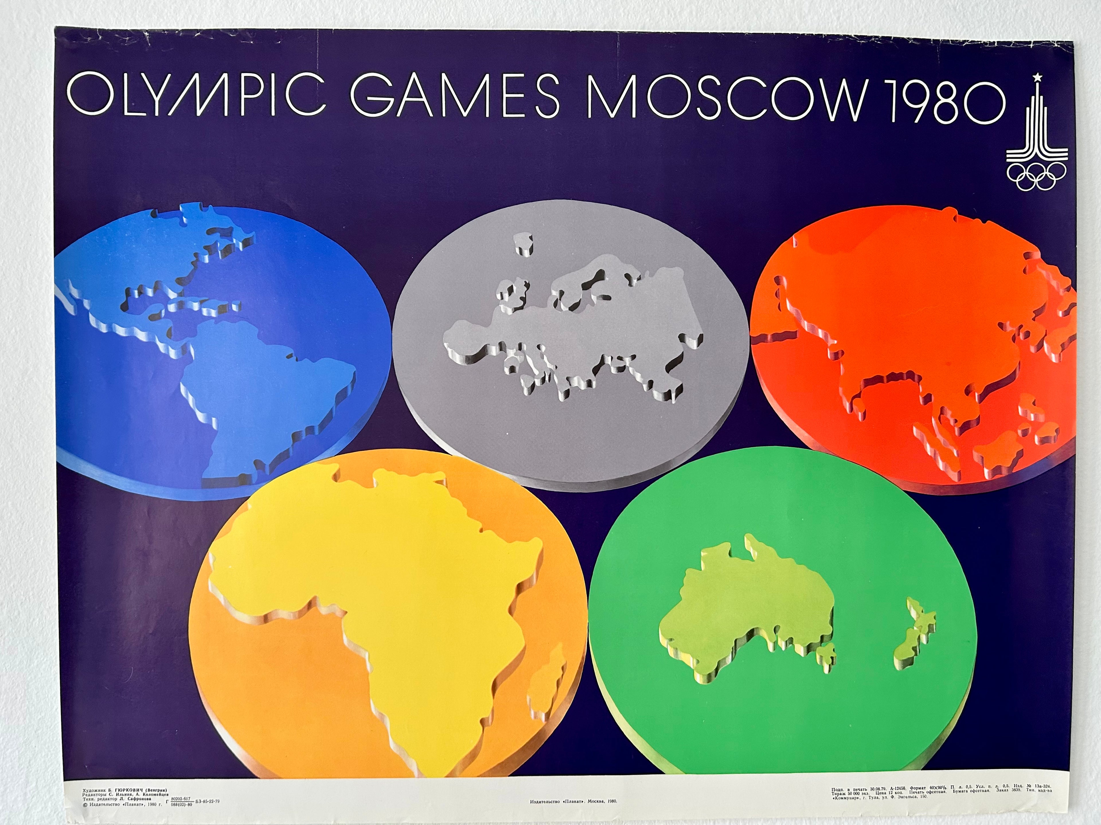 Original 1980 Moscow Olympics Poster – B. Gyurkovich (Hungary) – Olympic Rings World Map Design