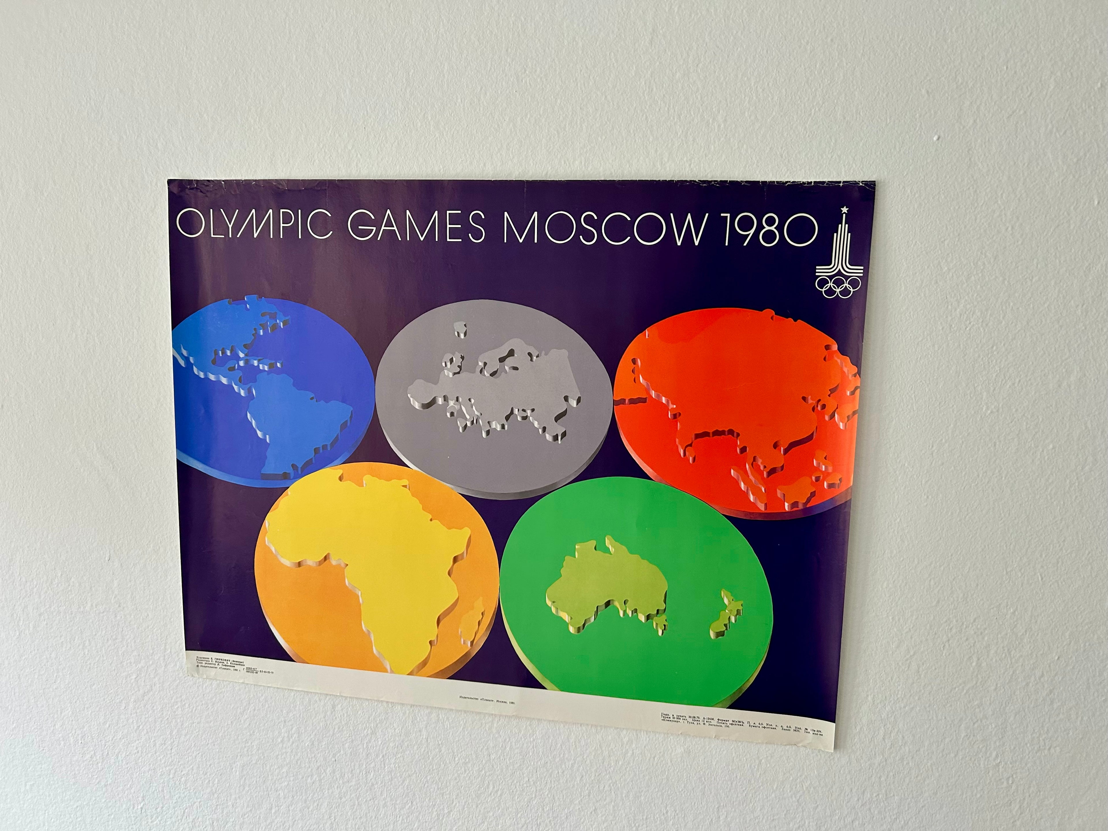 Original 1980 Moscow Olympics Poster – B. Gyurkovich (Hungary) – Olympic Rings World Map Design