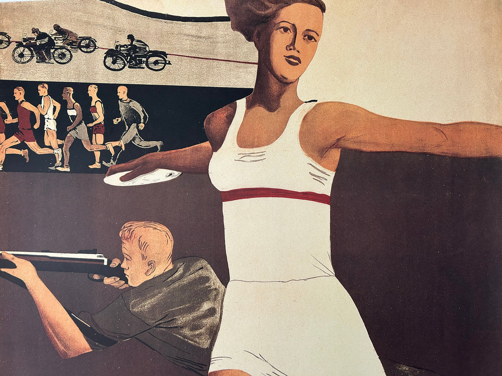 Vintage-style illustration of a woman in a white dressing with a red stripe, surrounded by smaller images of people and activities.