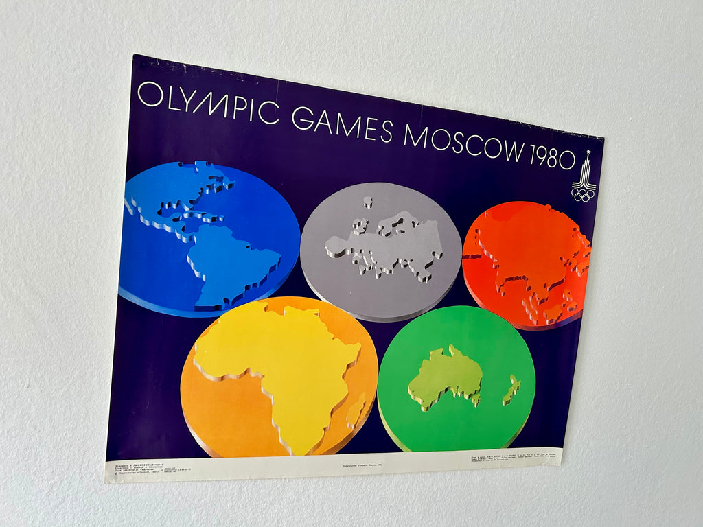 Original 1980 Moscow Olympics Poster – B. Gyurkovich (Hungary) – Olympic Rings World Map Design