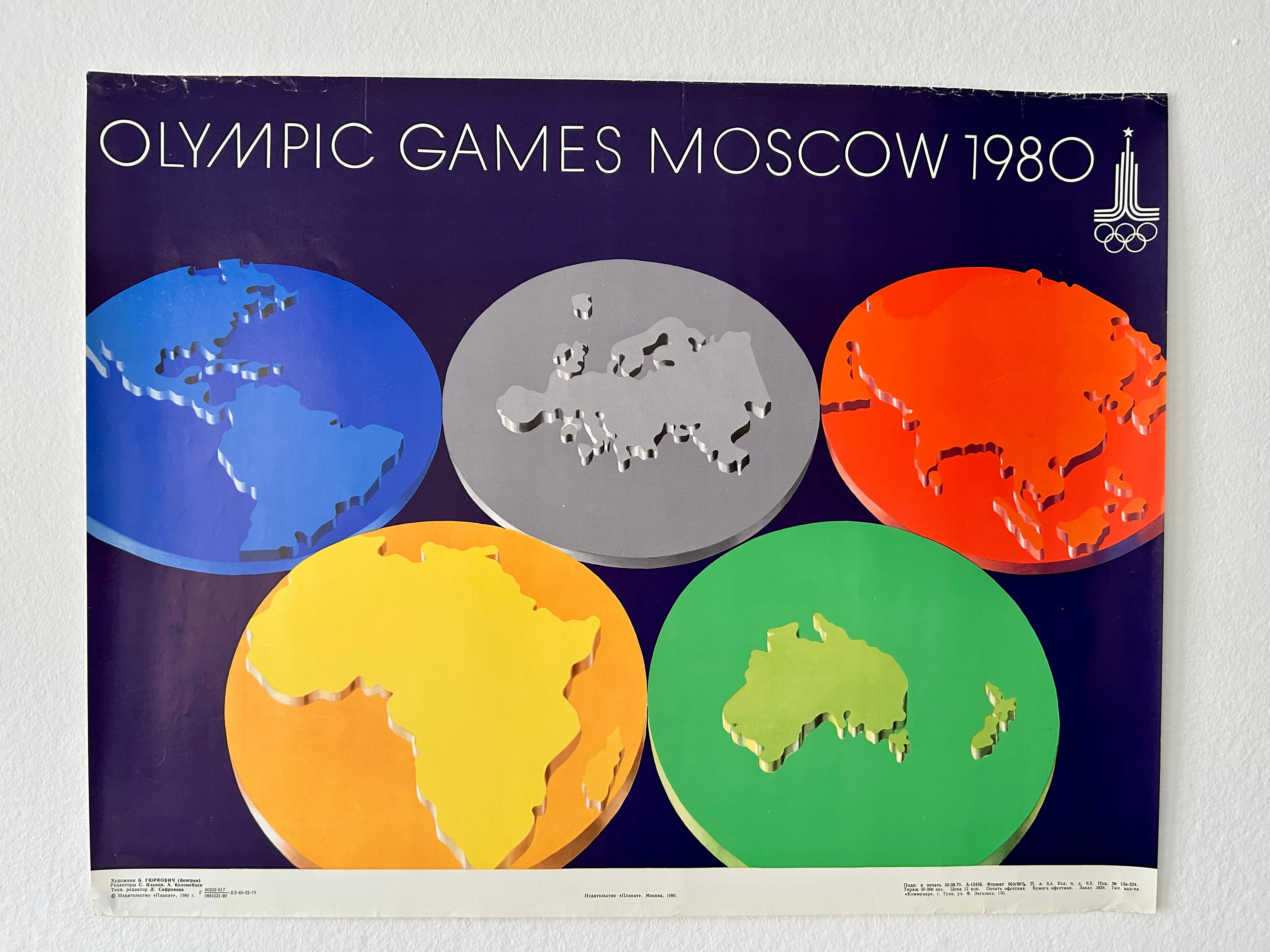 Original 1980 Moscow Olympics Poster – B. Gyurkovich (Hungary) – Olympic Rings World Map Design