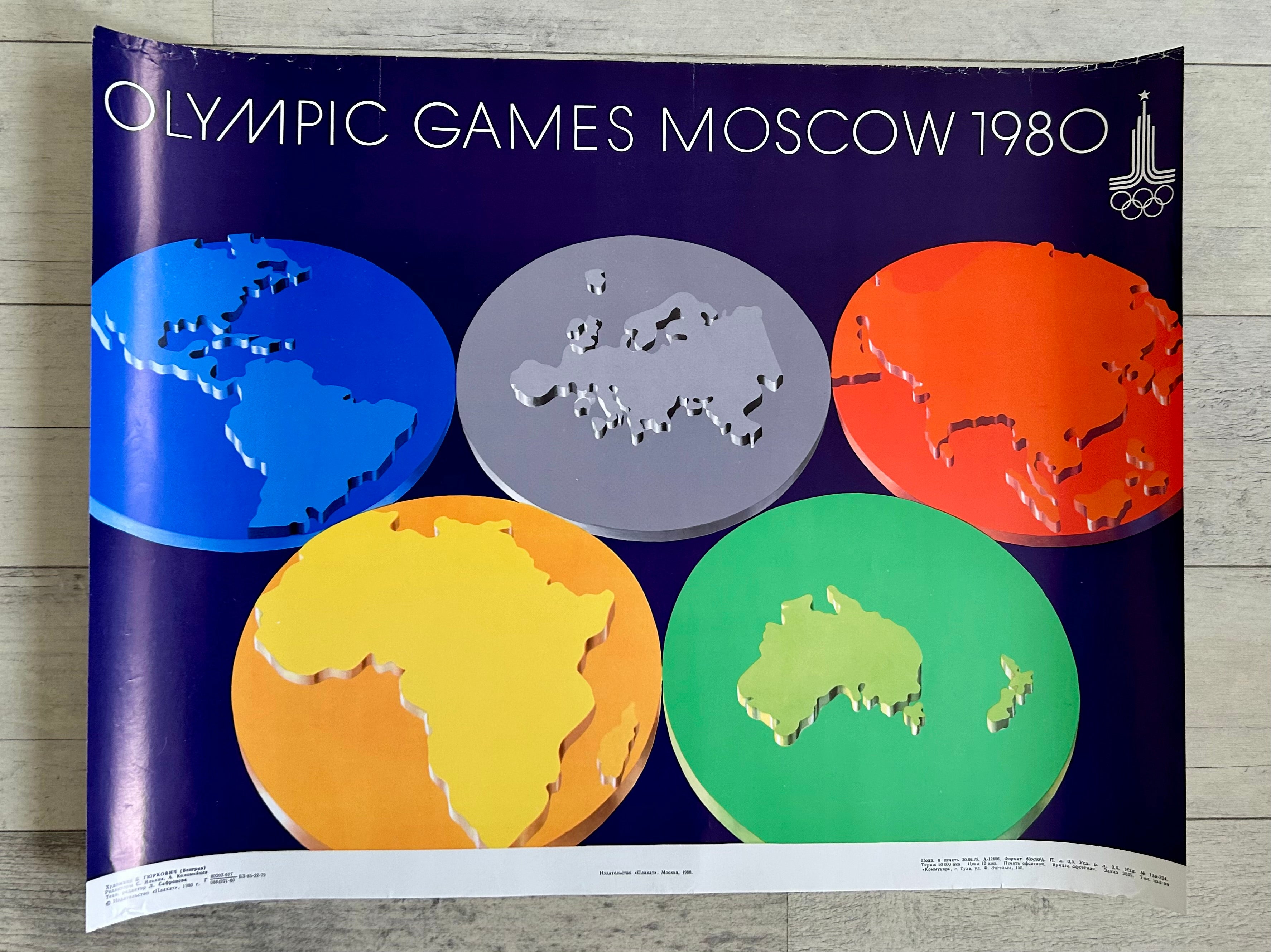 Original 1980 Moscow Olympics Poster – B. Gyurkovich (Hungary) – Olympic Rings World Map Design