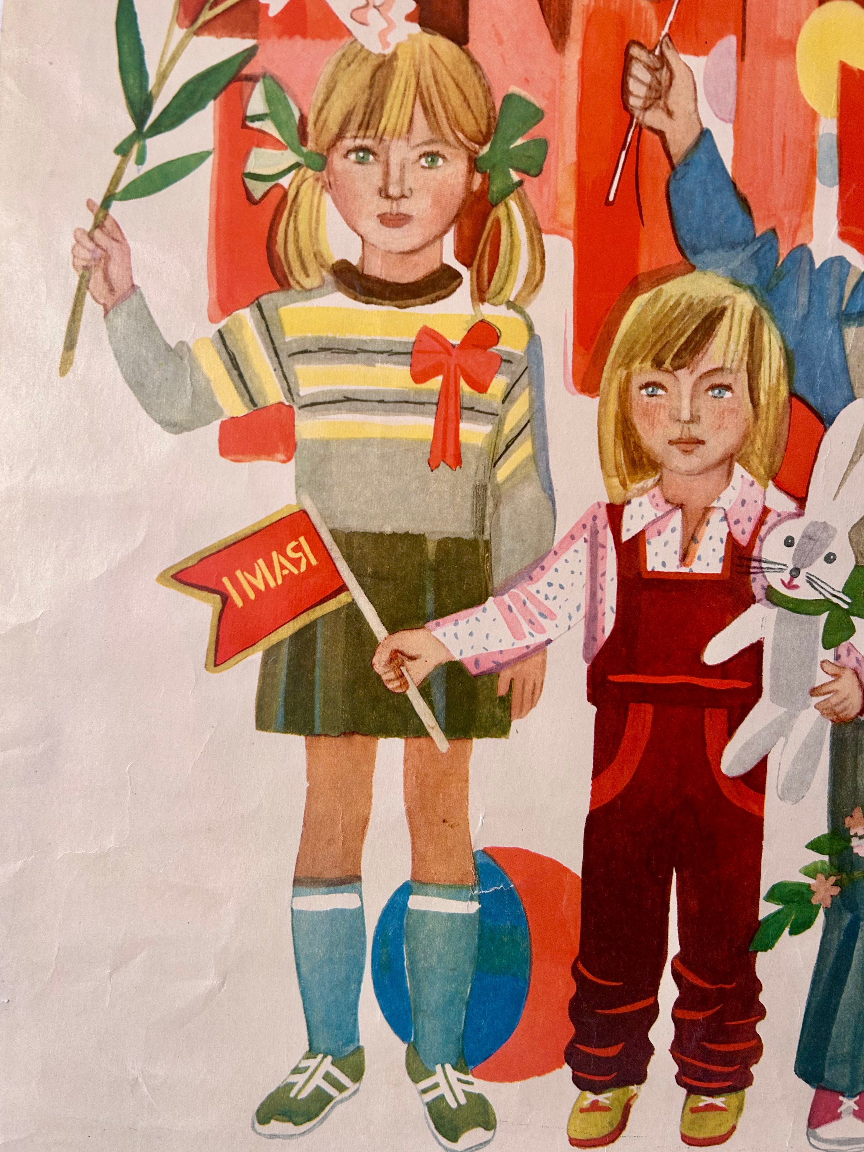 Illustration of two children holding a "1st of May" sign with a red background