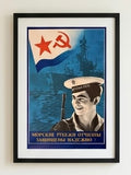 Soviet-style poster with a sailor and a flag featuring a star and hammer-sickle.