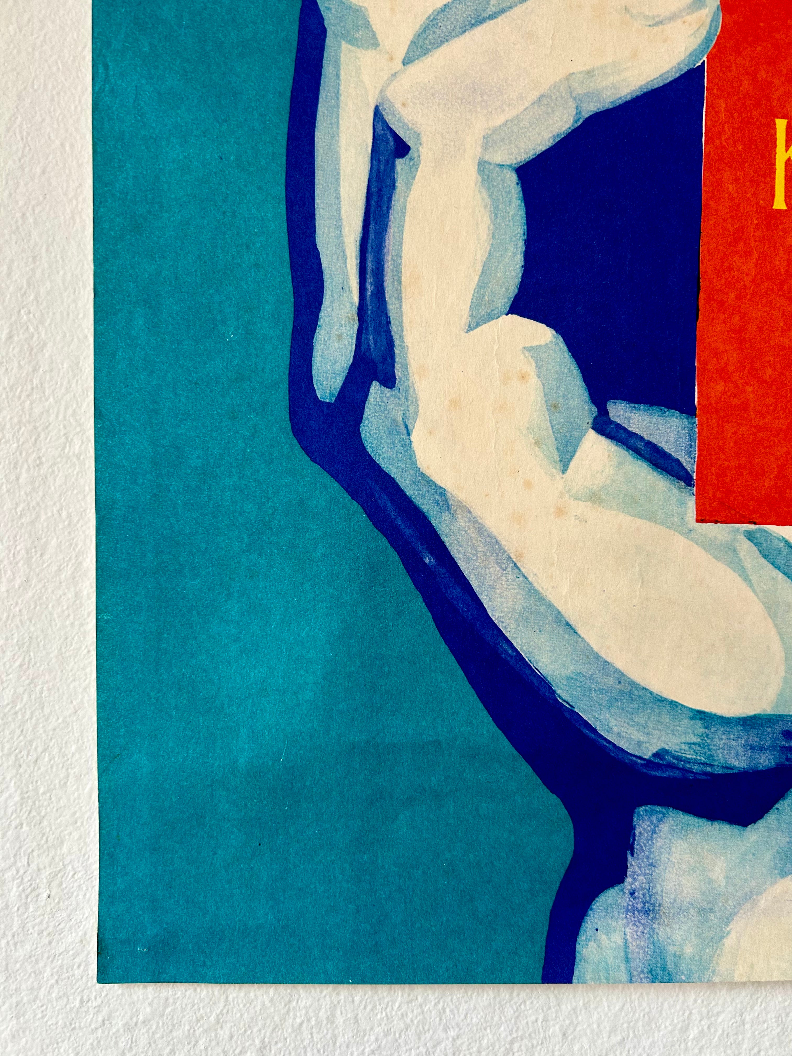 Abstract artwork with a nude figure on a blue background