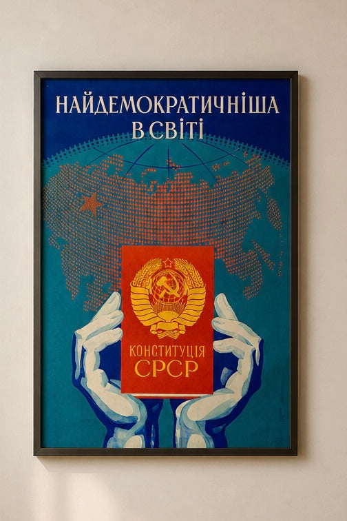 Framed poster with a world map and hands holding USSR Constitution, featuring text and a logo.