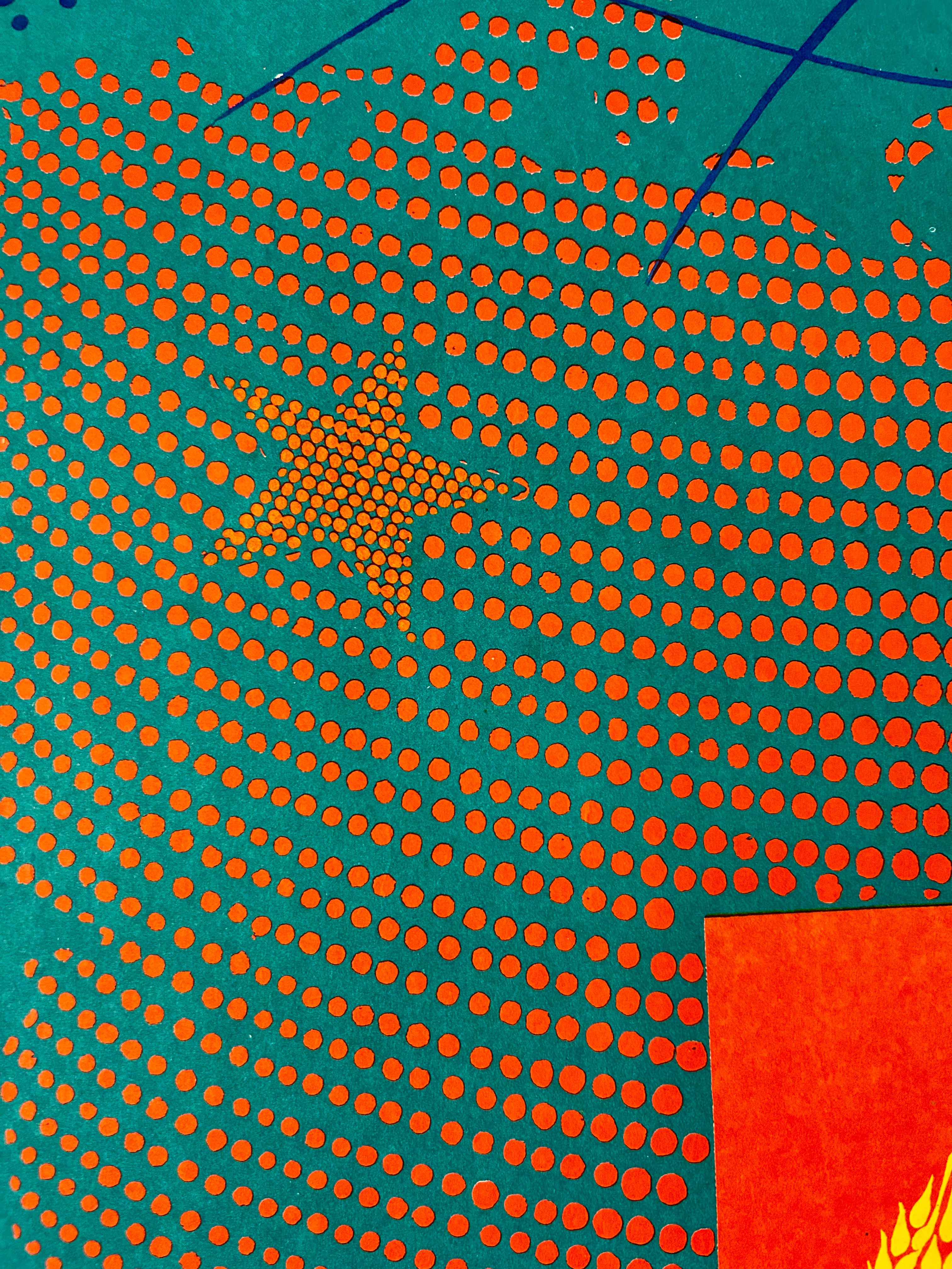 Patterned fabric with orange dots on a teal background