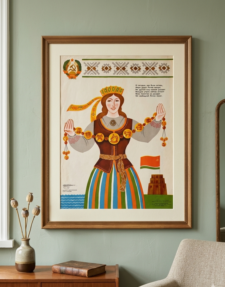 Framed artwork of a woman in traditional Lithuanian attire on a wall with a vase and books on a table.