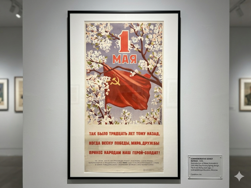 Vintage poster with a red flag and floral design on a gray wall.