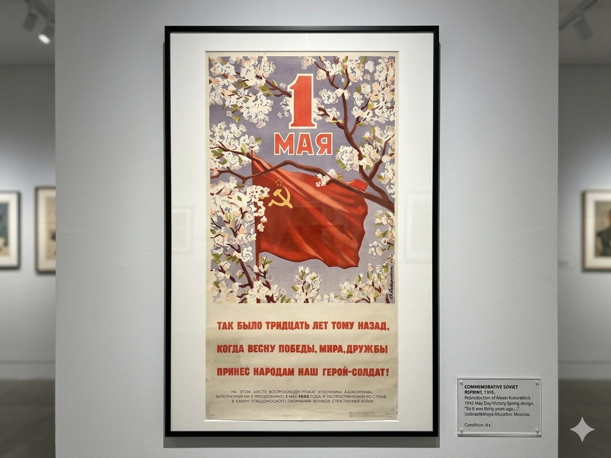 Vintage poster with a red flag and floral design on a gray wall.