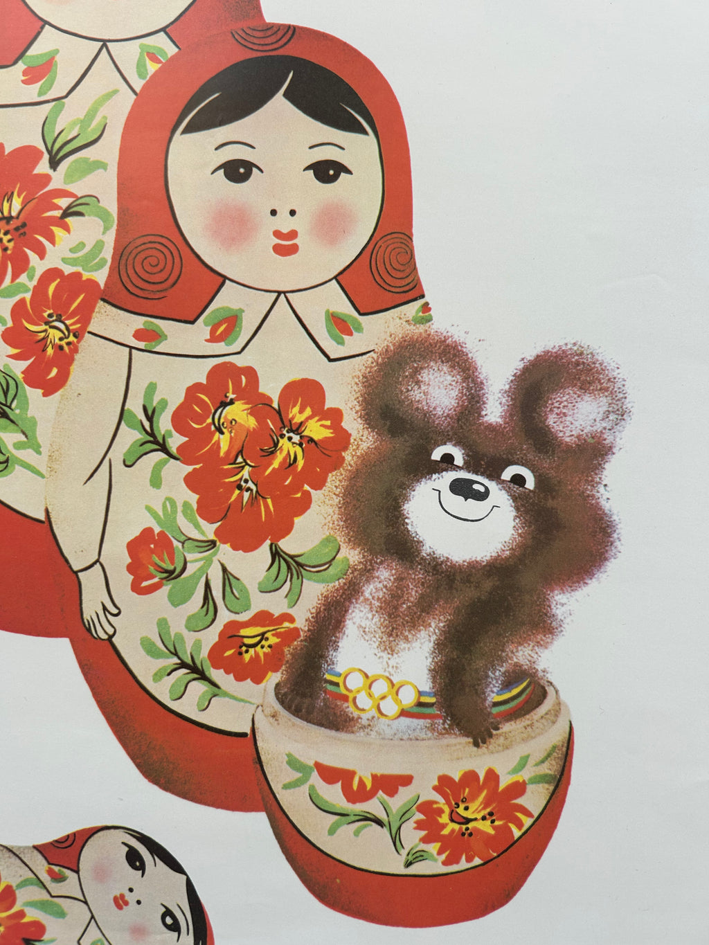 Illustration of a bear with a floral-patterned matryoshka doll in the background.