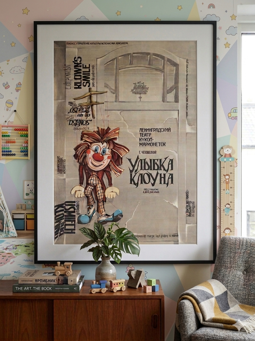Framed movie poster of a clown character on a wall with children's decor.