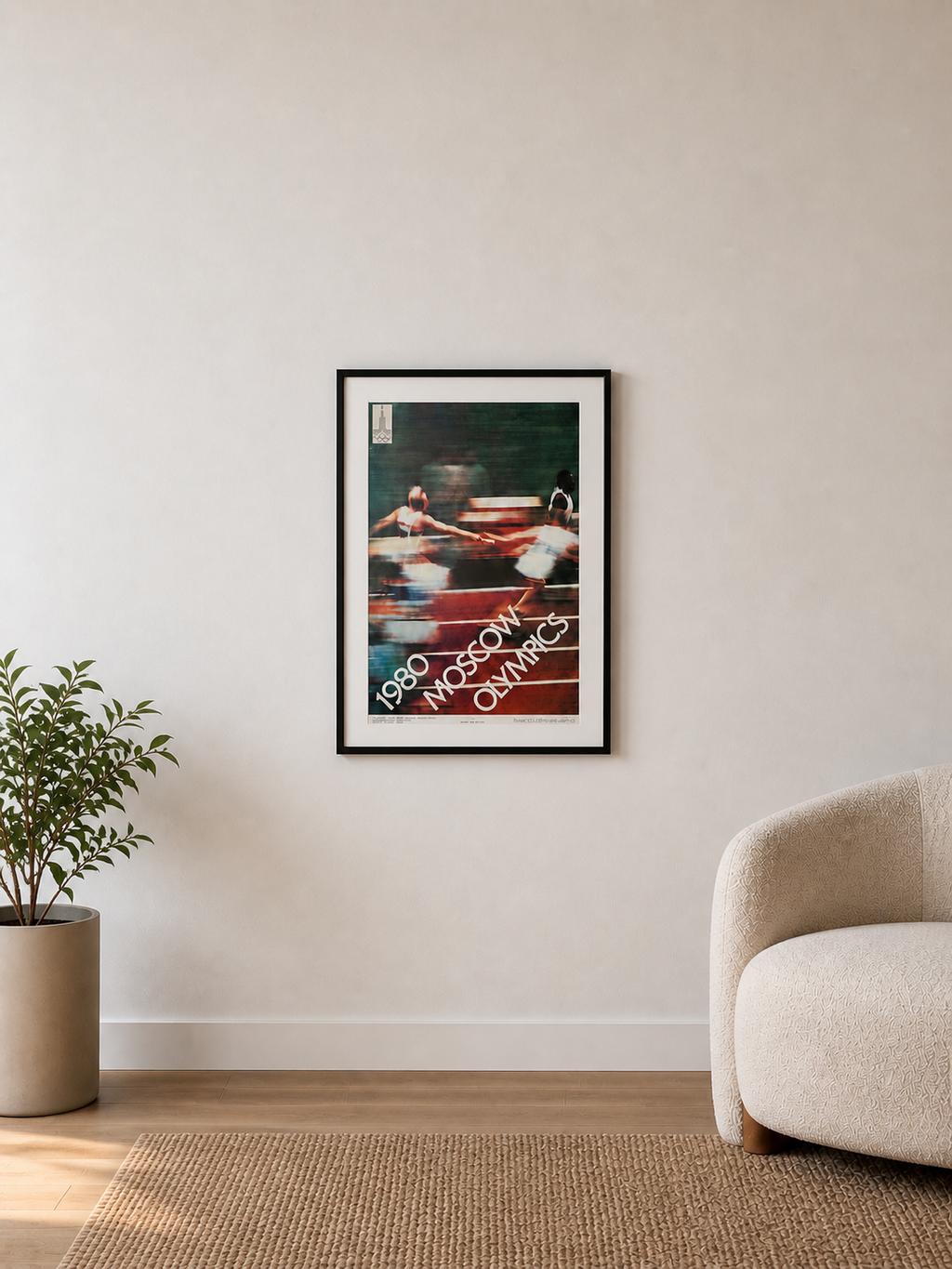 Framed artwork on a wall above a sofa in a living room
