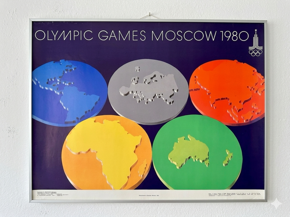 Original 1980 Moscow Olympics Poster – B. Gyurkovich (Hungary) – Olympic Rings World Map Design