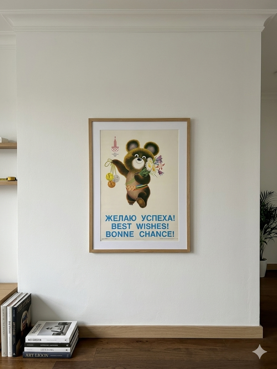 Framed artwork of Moscow Olympic bear with text on a white wall in a room.