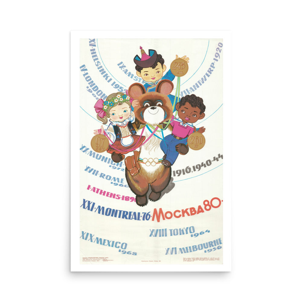 Digital Poster with cartoon characters and Olympic rings on a white background