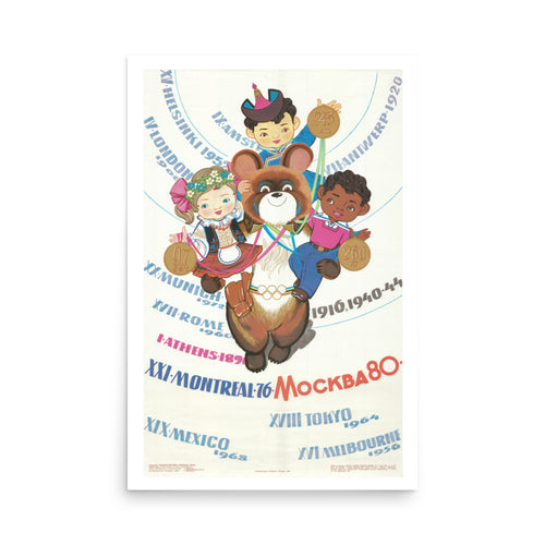 Digital Poster with cartoon characters and Olympic rings on a white background